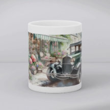 Aquarellbild eines Oldtimers und eines charmanten