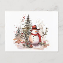 Aquarellbild eines Schneemanns in einem Hut und