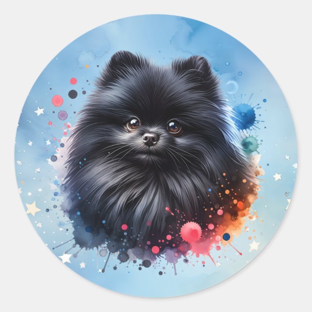 Aquarellbild für den Schwarzen Spitz Runder Aufkleber (Vorderseite)
