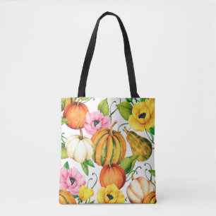 Aquarellbild mit Kürbis und Sonnenblumen Tasche