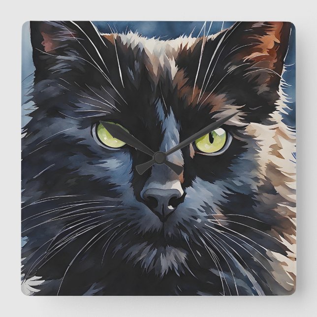 Aquarellbild Schwarze Katze mit grünen Augen Quadratische Wanduhr (Vorderseite)