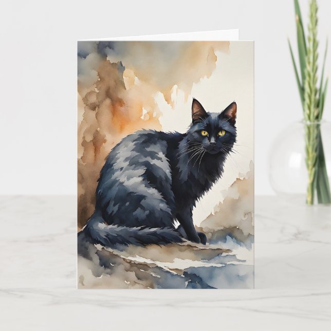 Aquarellbild Schwarzer Katzenleder Gruß Karte (Vorderseite)