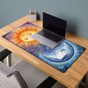 Aquarellbild von Sonne und Mond im Himmel Schreibtischunterlage