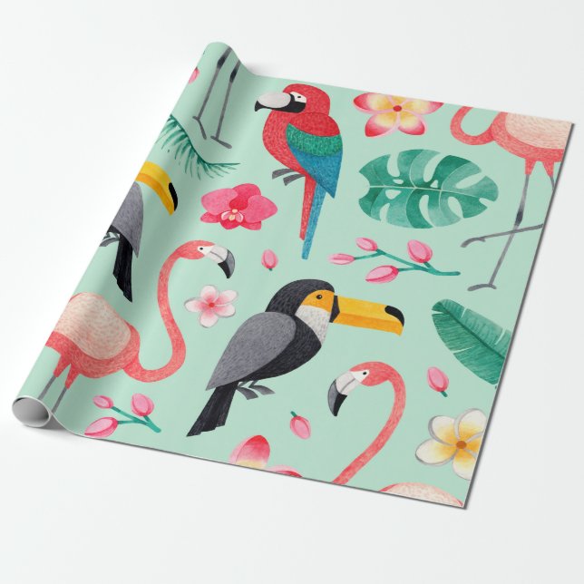 Aquarellbilder für Vögel, tropische Blume Geschenkpapier (Ungerollt)