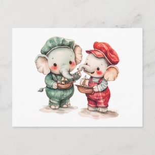 Aquarellbilder für zwei Elefanten mit Schiff Postkarte