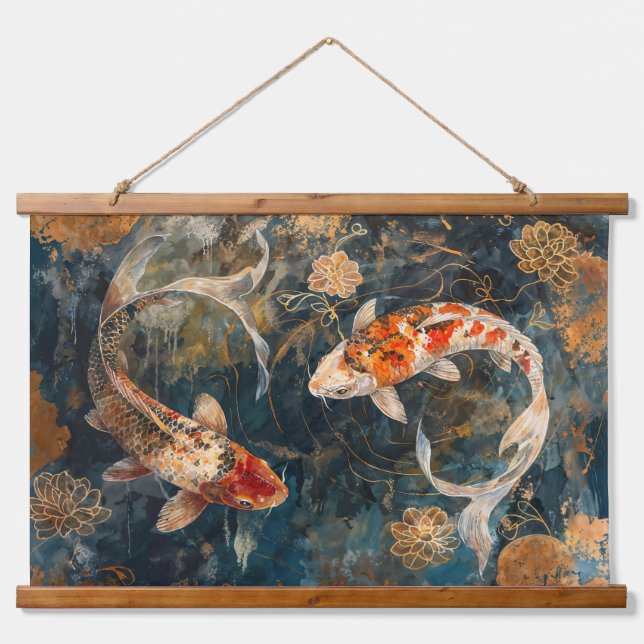 Aquarellbilder Koi Wandteppich Mit Holzrahmen (Vorne)