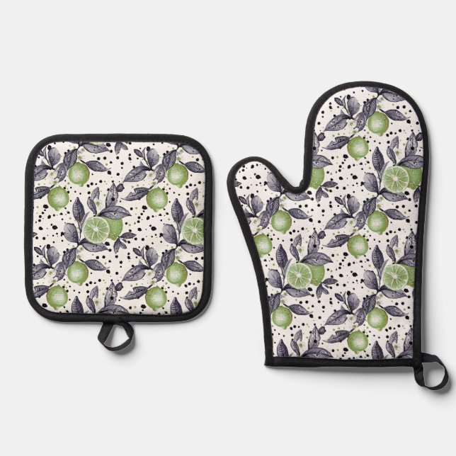 Aquarellbilder mit detaillierten grünen Blätter, L Ofenhandschuh & Topflappen-Set (Vorderseite)