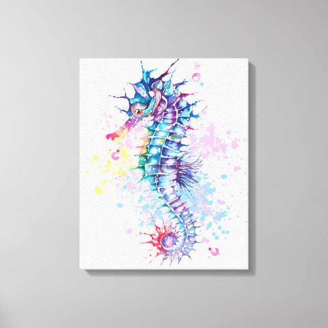 Aquarellbilder mit farbenfrohen Seepferden Leinwanddruck (Vorderseite)