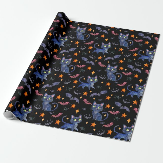 Aquarellbilder mit schwarzen Katzen Geschenkpapier (Ungerollt)