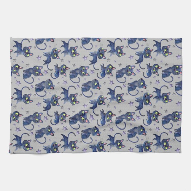 Aquarellbilder mit schwarzen Katzen Geschirrtuch (Horizontal)