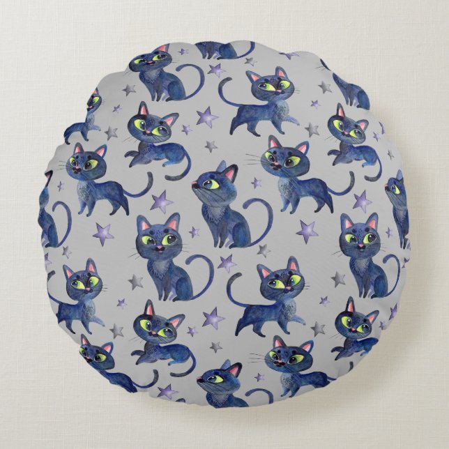 Aquarellbilder mit schwarzen Katzen Rundes Kissen (Vorderseite)