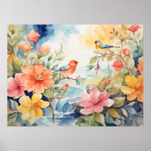 Aquarellbilder mit Vögeln und Blume Poster