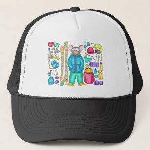 Aquarellbilder Skifahren Pika und Gear Truckerkappe