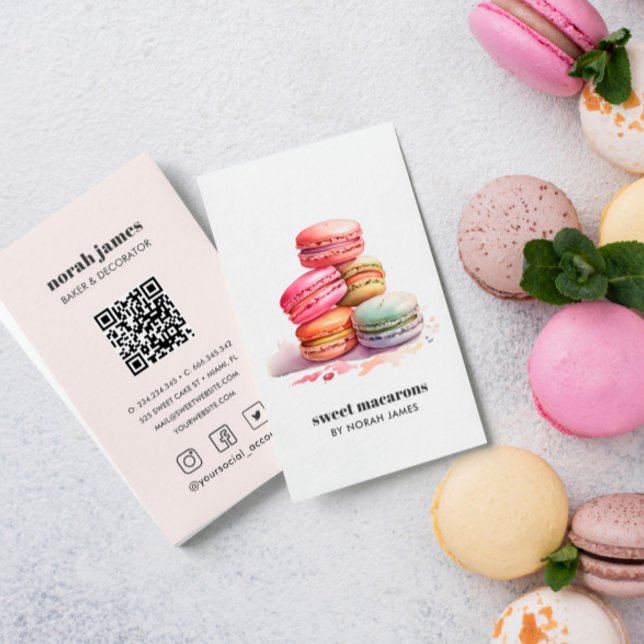 Aquarellbilder Süße Kuchen Soziales Symbol QR CODE Visitenkarte (WATERCOLOR FRENCH PASTRY MACARONS BAKERY BUSINESS BUSINESS CARD WITH QR CODE AND SOCIAL ICONS
)