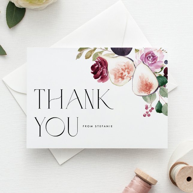 Aquarellbilder und Burgund-Blume Vielen Dank Postkarte (Botanical thank you postcard featuring watercolor figs, berries & burgundy flowers. For fall events.)