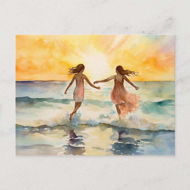 Aquarellbilder von Mädchen, die am Strand spaziere Postkarte (Vorderseite)