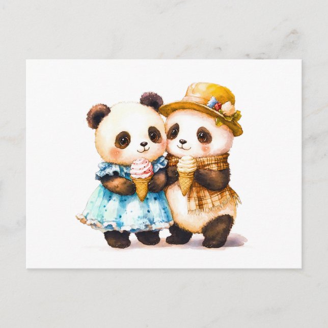 Aquarellbilder von zwei Pandas, die Ice C essen Postkarte (Vorderseite)