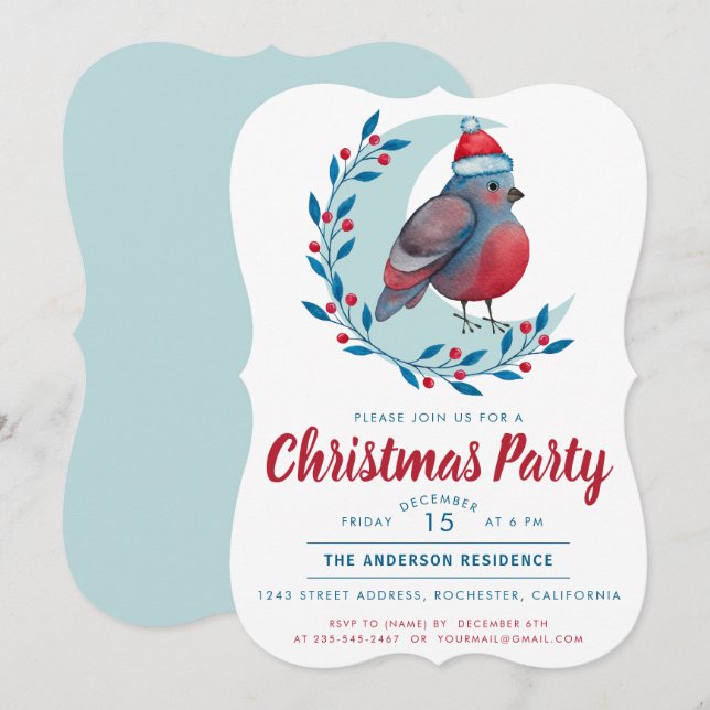Aquarellbird auf dem Mond Weihnachts-Party Einladung (Vorne/Hinten)