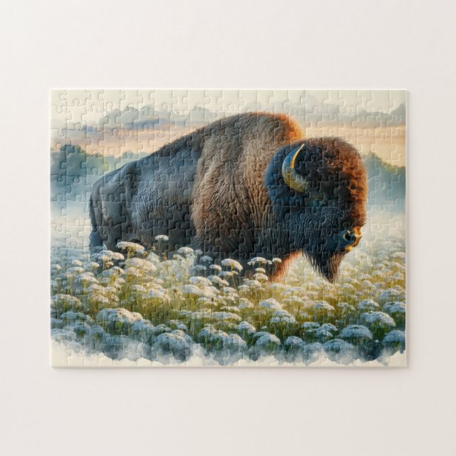 Aquarellbison Weiße Wildblumen (Horizontal)