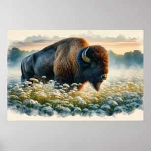 Aquarellbison Weiße Wildblumen Poster