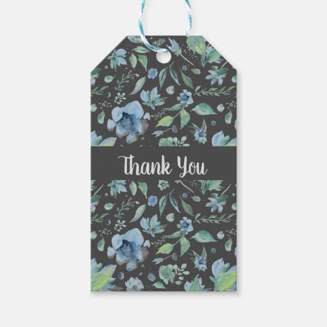 Aquarellblau auf dunkelgraue Blüte Geschenkanhänger (Vorderseite)
