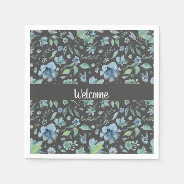 Aquarellblau auf dunkelgraue Blüte - kundenspezifi Serviette (Vorderseite)
