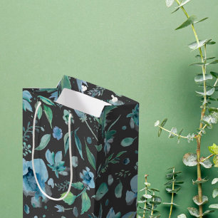 Aquarellblau auf dunkelgraue Blüte Mittlere Geschenktüte