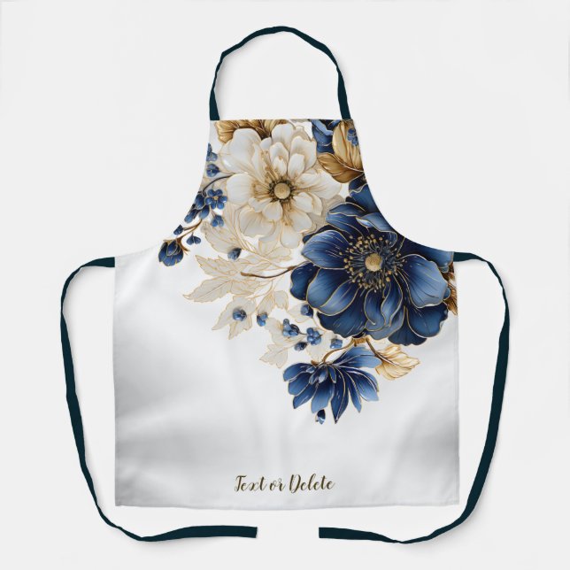 Aquarellblau Blau Weißer Golden Floral Silber Schürze (Vorderseite)