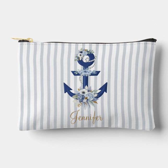 Aquarellblau blaue naustripes goldener Name Zubehörtasche (Vorderseite)