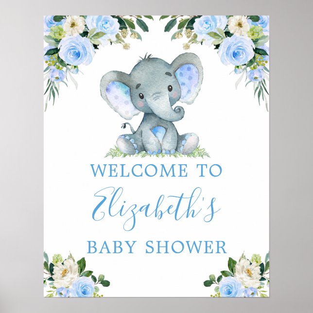 Aquarellblau Blauer Elefant Babydusche Poster (Vorne)