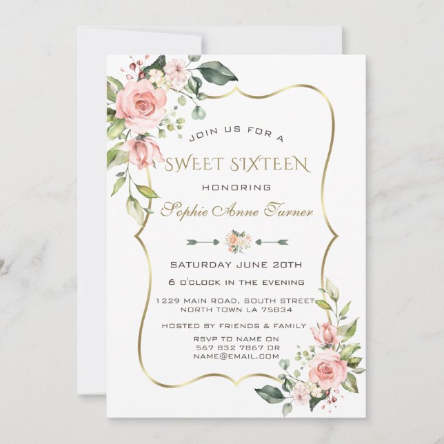 Aquarellblau Blume Goldrahmen Sweet 16 Einladung (Vorderseite)