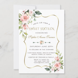 Aquarellblau Blume Goldrahmen Sweet 16 Einladung