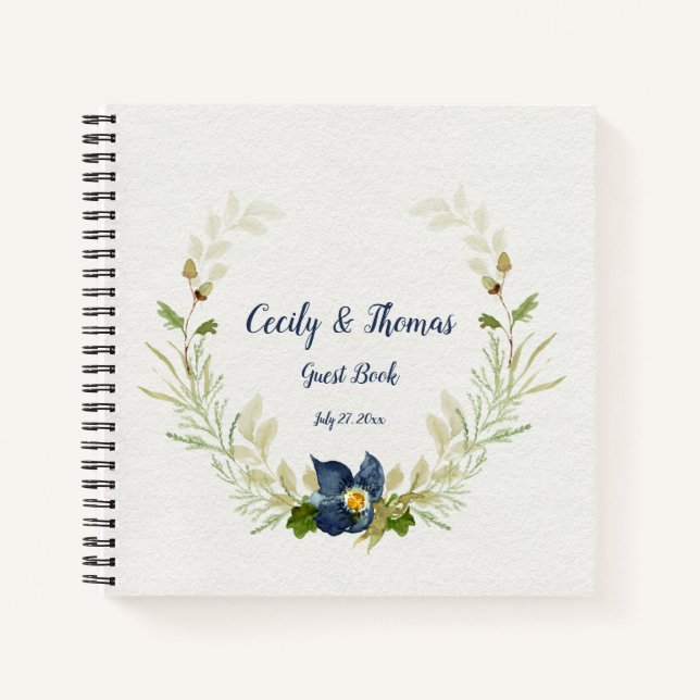 Aquarellblau Blumen Acorns Oak Blätter Gast Notizbuch (Vorderseite)