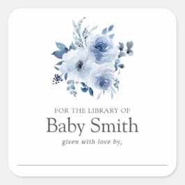 Aquarellblau Blumen Babyduschbibliothek Quadratischer Aufkleber