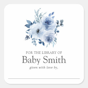 Aquarellblau Blumen Babyduschbibliothek Quadratischer Aufkleber