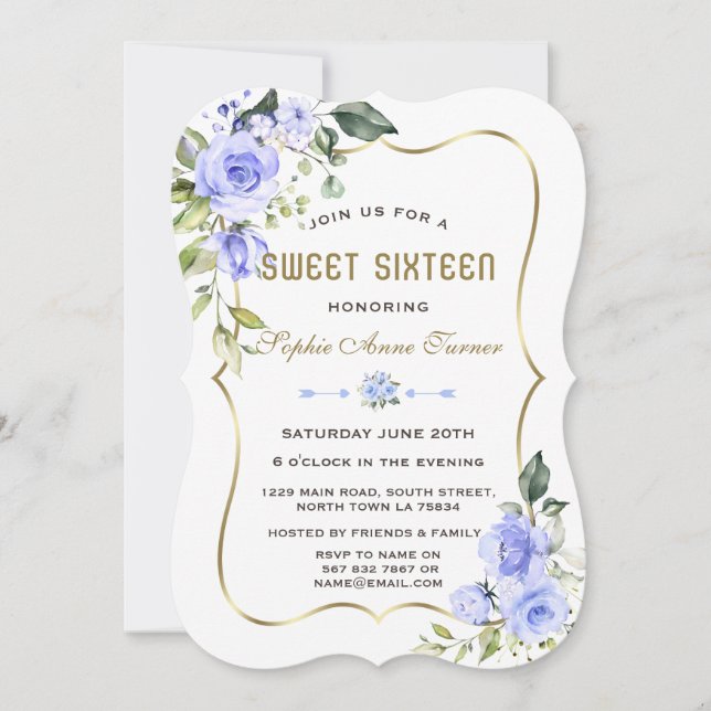 Aquarellblau Blumen Goldrahmen Sweet 16 Einladung (Vorderseite)