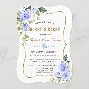 Aquarellblau Blumen Goldrahmen Sweet 16 Einladung