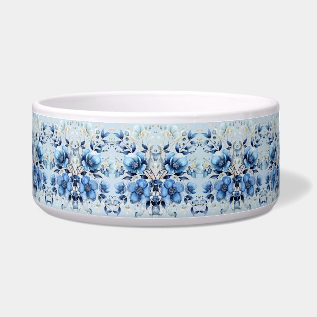 Aquarellblau Blüten Keramik Haustier Schüssel (Vorderseite)