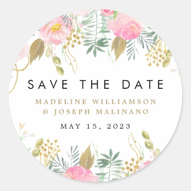 Aquarellblau - Blütenblau und Gold Save the Date Runder Aufkleber (Vorderseite)