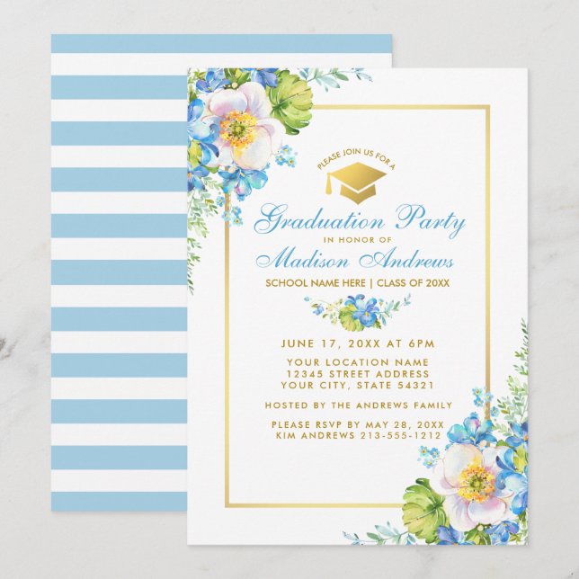Aquarellblau Blütenblume Gold Grad Party Einladung (Vorne/Hinten)