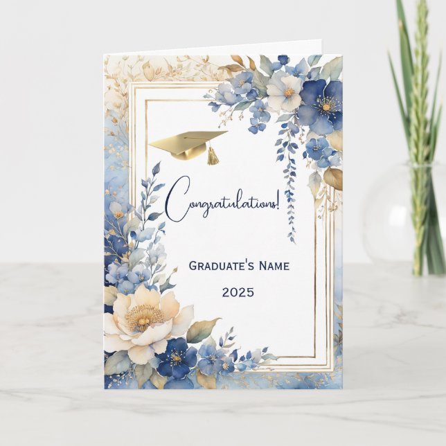 Aquarellblau Blütenblume Personalisierter Abschlus Karte (Vorderseite)
