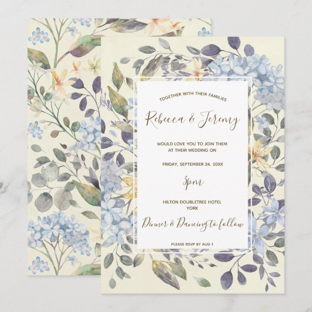 Aquarellblau Blütenhydrangea Hochzeit einladen Einladung (Vorne/Hinten)