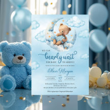 Aquarellblau-brauner Teddybär über dem Mond