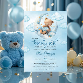 Aquarellblau-brauner Teddybär über dem Mond Einladung