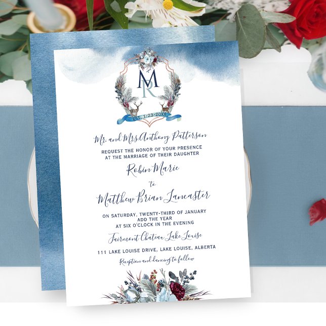 Aquarellblau Burgund Lila Flora und Wappen Einladung (Von Creator hochgeladen)