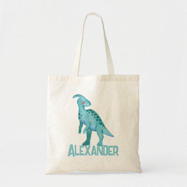 Aquarellblau-Dinosaurier mit Kindernamen Tragetasche (Vorne)