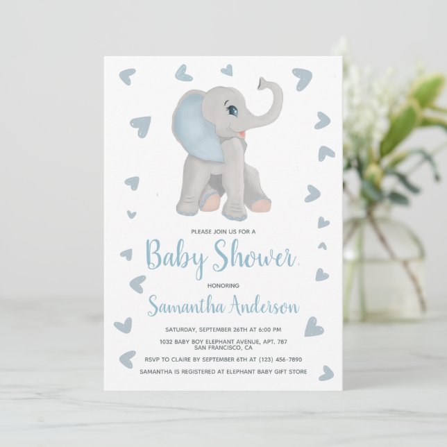 Aquarellblau Elephant Boy Baby Dusche Foto Einladung (Stehend Vorderseite)