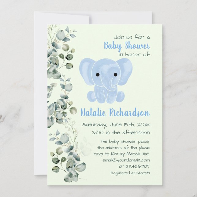 Aquarellblau Elephant Kinderzimmer Boy Baby Dusche Einladung (Vorderseite)