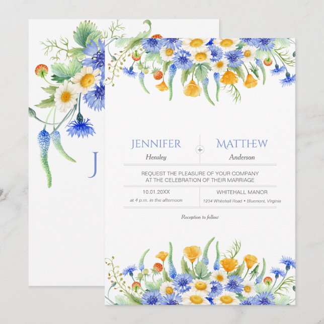 Aquarellblau Gelbe Wildblumen Einladungen (Vorne/Hinten)