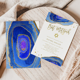 Aquarellblau-Geode mit Gold | Bat Mitzvah Einladung